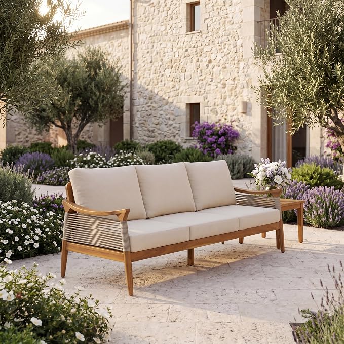 Merax Acacia Wood Patio 3-Seater Sofa with Rope & Cushions | Teak-Finish Acacia Frame, Woven Rope Design, 6-Inch Cushion And Deep Seating For Porch, Garden, Backyard Or Balcony