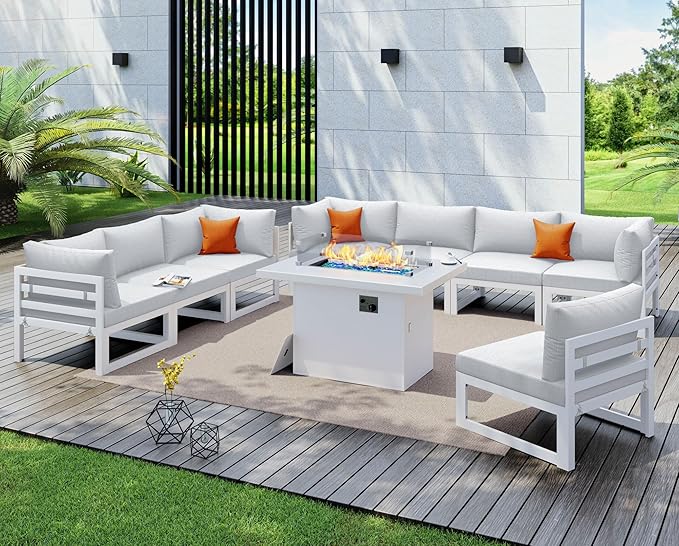 NICESOUL 9 Piece Luxury Aluminum Outdoor Sectional Sofa with Fire Pit Table, Oversized L Shaped Patio Furniture Set, 29" Deep Wide Seating, 500 lbs Heavy Duty Conversation Set for Backyard, Light Grey
