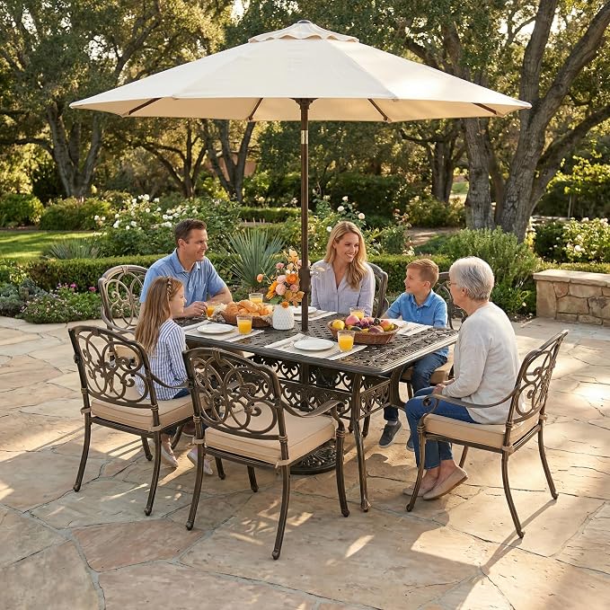 7 Piece Outdoor Dining Set Cast Aluminum, Retro Patio Dining Set for 6 Includes 59” Rectangular Table with Thicker Cushions and Umbrella Hole for Patio Deck Garden Porch