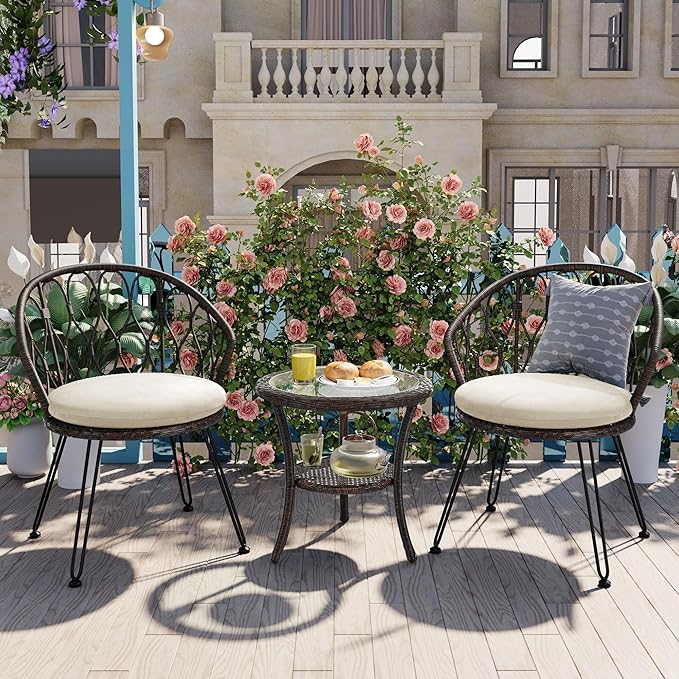 Montary 3 - Piece Outdoor Leisure Set,2 Stylish Hand - Woven Rattan Single Chairs & a Sturdy Tempered Glass Round Table - Ideal for Relaxing on Balconies and Courtyards,Brown & Beige