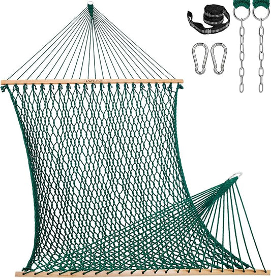 Lazy Daze Hammocks 13-FT Polyester Rope Hammock, Double 2 Person Traditional Hand Woven Outdoor Hammock with Spreader Bar, Carabiners, Tree Straps, Chains for Outside Patio- Max 450 Lbs, Green