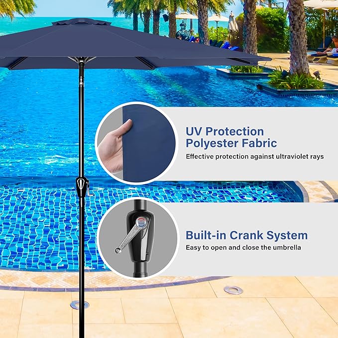 HealSmart 9ft Patio Umbrella with Push Button Tilt/Crank, Outdoor Table Market Yard Umbrella with 8 Sturdy Ribs for Garden, Backyard, Deck, Pool, Dark Blue
