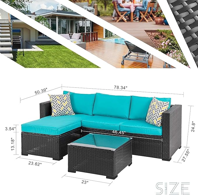 Shintenchi 3 Pcs Patio Furniture Set,Outdoor Sectional Black Wicker Patio Conversation Set,All-Weather Rattan Patio Couch with Washable Cushions and Glass Coffee Table
