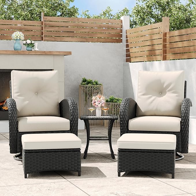 5 Pieces Outdoor Wicker Patio Swivel Rocking Chairs, All Weather Wicker Conversation Set with Side Table