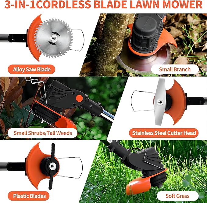Weed Wacker, Cordless Weed Eater 2×4.0Ah Battery-Powered with 3 Types of Blades, 3-in-1 Stringless Grass Trimmer, Brush Cutter for Lawn Yard Garden (Orange)