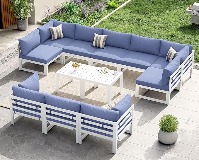 NICESOUL 12 Piece Oversized Modern Aluminum Outdoor Patio Furniture Set with Coffee Table, 29" Wide Deep L-Shaped Sectional Sofa, 500lbs Heavy Duty Comfortable Poolside Conversation Set, Denim Blue