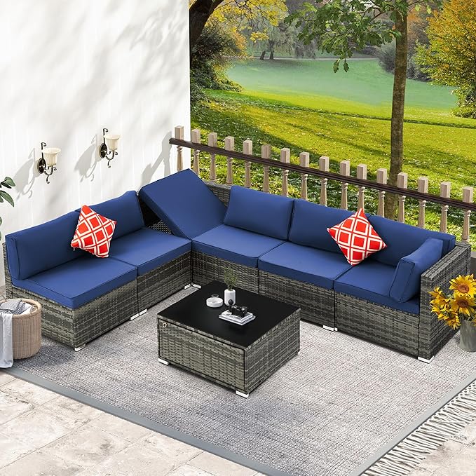 7 Piece Patio Furniture Set with Adjustable Bracket Wicker Rattan Patio Conversation Sets Outdoor Sectional Sofa Set with Wood Table and Cushions for Porch Lawn Garden, Navy Blue
