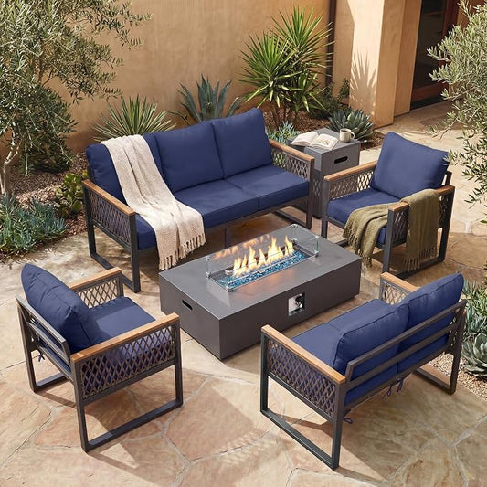 UPHA 7 Pieces Patio Furniture Set with 56" Propane Gas Fire Pit Table, Metal Outdoor Sectional Couch Set with Loveseat & 3-Seat Sofa, Modern Patio Conversation Set for Porch Balcony Deck, Navy Blue