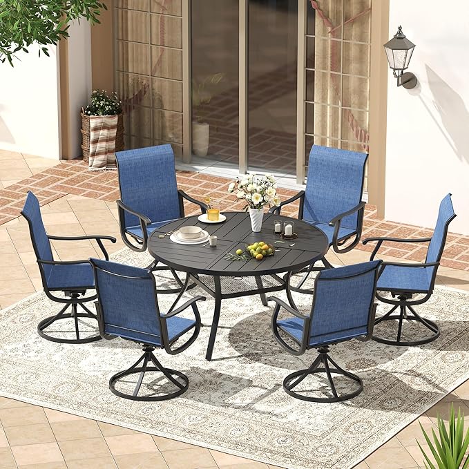 VICLLAX Patio 7 Pieces Outdoor Dining Set, 47.2" Round Metal Table with Umbrella Hole and Storage Shelf, 6 Swivel Textilene Chairs for Lawn, Garden, Porch, Black/Dark Blue