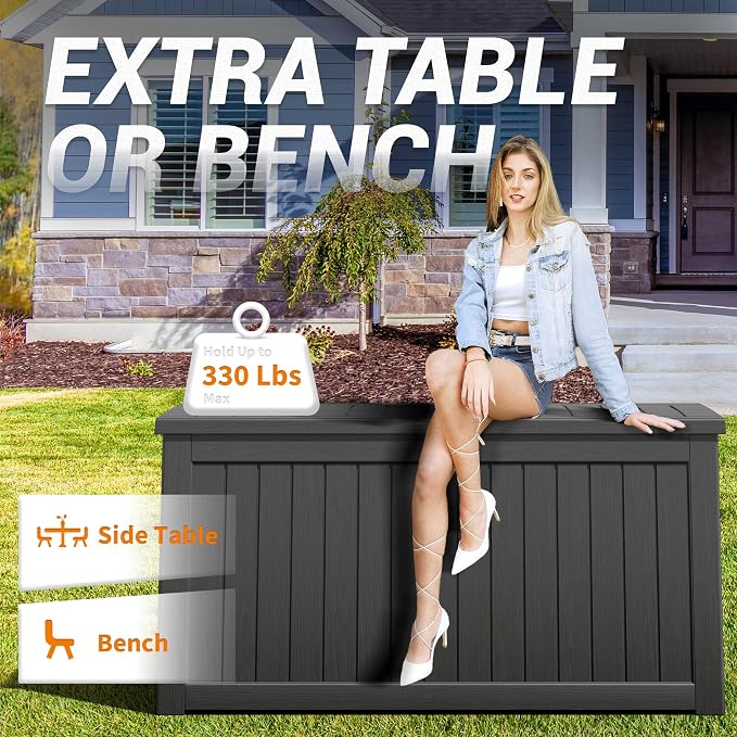 Outdoor Storage Box, 150 Gallon Resin Deck Boxes Outdoor Waterproof For Patio Furniture, Garden Tools, Pool Supplies, Lockable And UV Resistant (Striped Black)