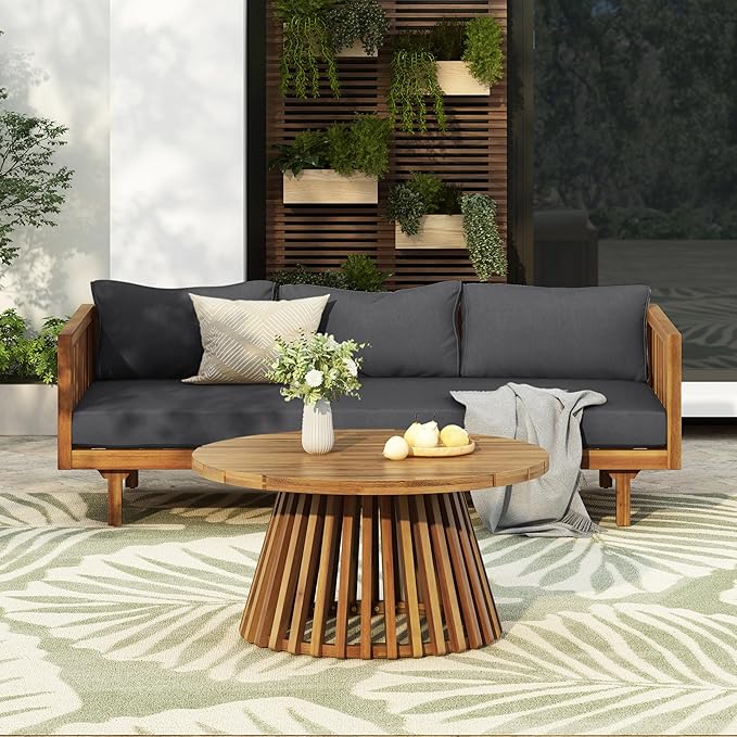 Christopher Knight Home Charm Patio Conversation Set, 3 Seater Acacia Wood Sofa, Spacious Seating Daybed, Wood Coffee Table, Round Side Table, Outdoor Furniture for Backyard Garden Rest, Dark Gray