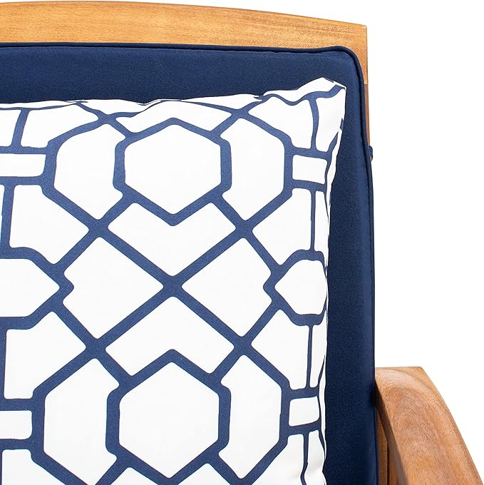 SAFAVIEH Outdoor Collection Rocklin Natural/ Navy Blue Cushions/ Geometric Pattern Pillows 4-Piece Conversation Patio Set