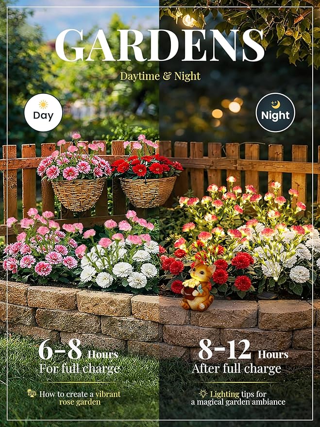 GIGALUMI Solar Lights Outdoor for Garden Decor, 4 Pack Solar Flower Lights Waterproof, 2 Lighting Modes 28 Carnations for Pathway,Yard, Patio Decoration, Gardening Gifts for Women (Pink)