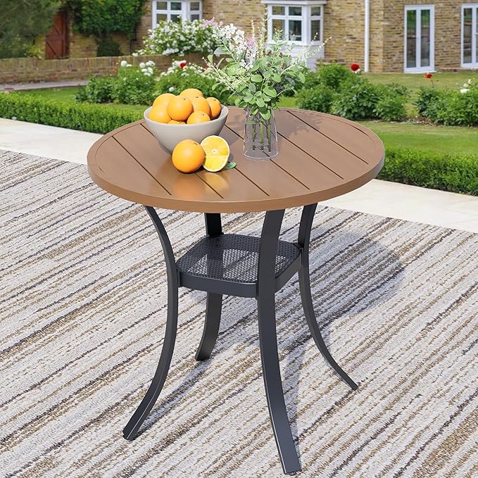 27.6" Round Patio Dining Table for 4, All-Weather Metal Patio Table with Storage Shelf, Outdoor Round Dining Table for Lawn Garden Porch, Walnut