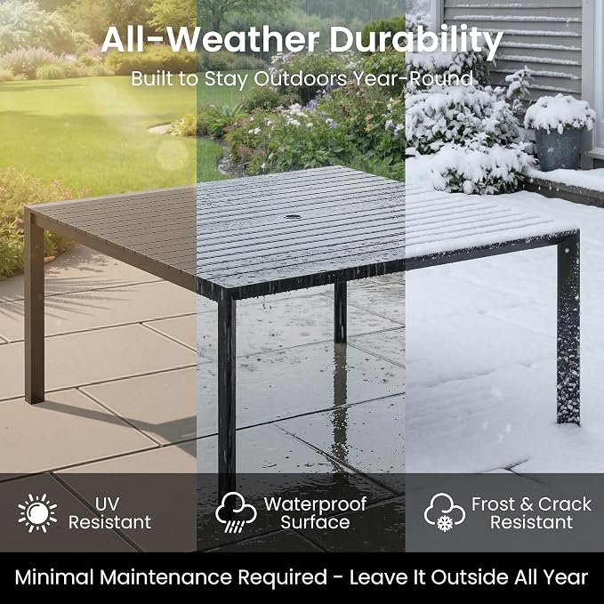 9-Piece Patio Dining Set, 56" Square Outdoor Table with Recliner Chairs | Aluminum Frame Adjustable Back& WPC Tabletop with Umbrella Hole for Garden Backyard Porch, Black
