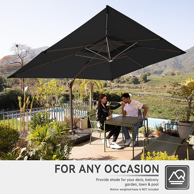 10 X 13 FT Cantilever Outdoor Patio Umbrella with Base Included Large Heavy Duty 360° Rotation Double Top Offset Rectangular Umbrellas with LED Lights for Backyard Outside Deck, Black