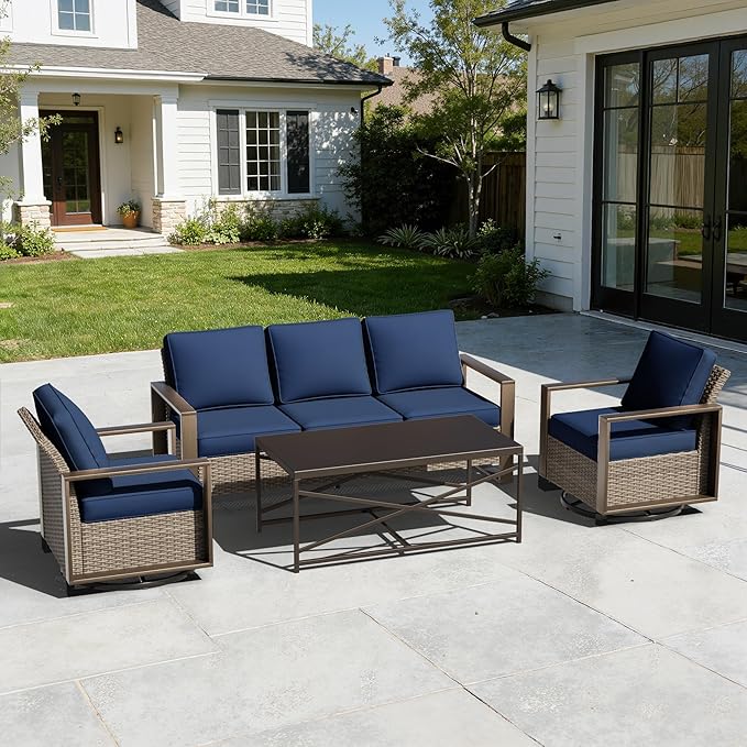4 Pieces Patio Furniture Set with Wicker 75" Sofa, Two Swivel Rocker Chairs, One Coffee Table, Outdoor Conversation Furniture Set with Metal Armrest & Removable Cushions for Deck, Dark Blue