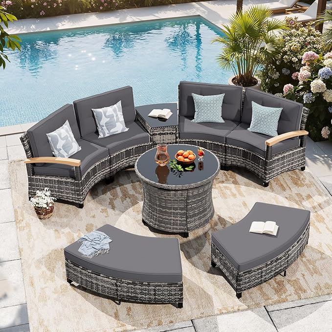 MEISSALIVVE 8-Piece Half-Moon Curved Outdoor Patio Furniture Set, Sectional Conversation Sofa with 2 Half-Moon Ottomans, Round Coffee Table for Backyard Deck Garden, Grey