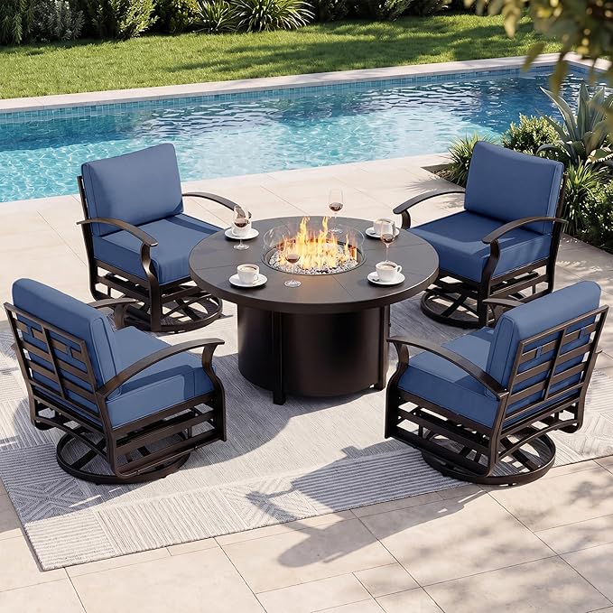 Aluminum Outdoor Patio Furniture Set,5 Pieces 4 Seats Patio Conversation Sets with 48" Round Propane Fire Pit Table,Metal Furniture Set with Thick Cushion,Navy Blue