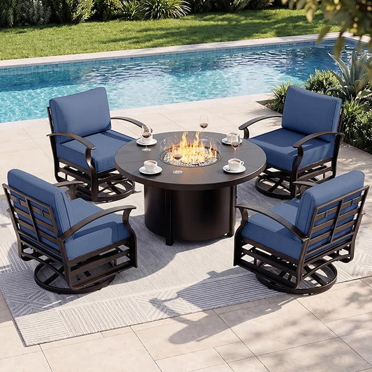 Aluminum Outdoor Patio Furniture Set,5 Pieces 4 Seats Patio Conversation Sets with 48" Round Propane Fire Pit Table,Metal Furniture Set with Thick Cushion,Navy Blue