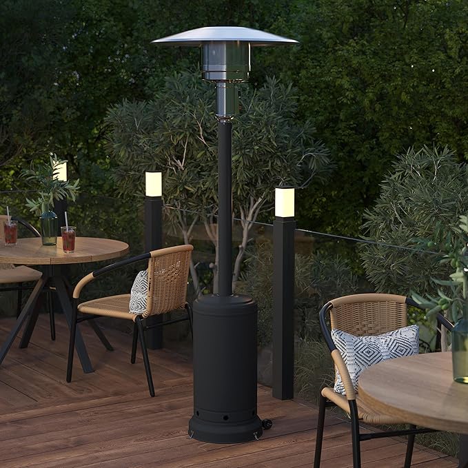 Flash Furniture Sol Patio Outdoor Heating-Black Stainless Steel 40,000 BTU Propane Heater with Wheels for Commercial & Residential Use-7.5 Feet Tall