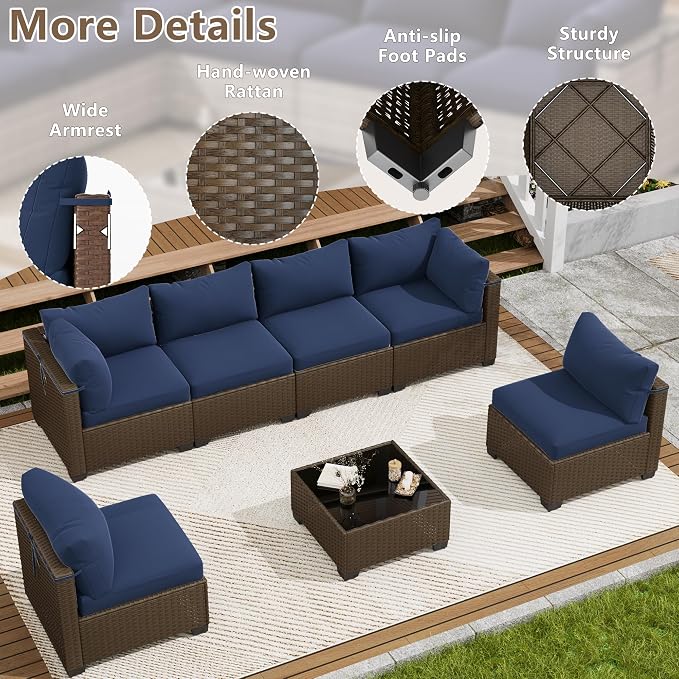 LOUVIXA 7 Piece Outdoor Patio Furniture Set, Outdoor Sectional Sofa, Wicker Rattan Patio Furniture, Patio Conversation Set with Coffee Table & Cushions