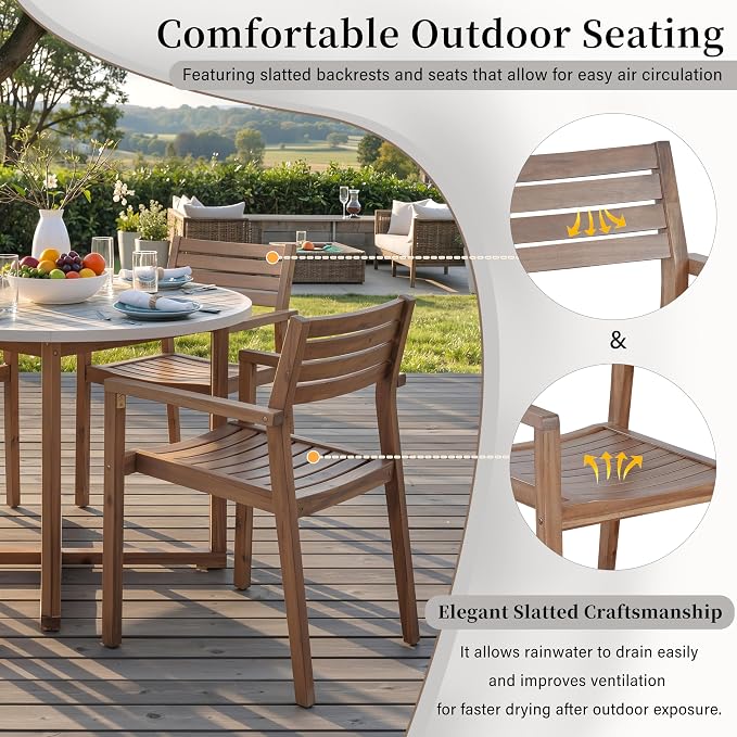 SOFTSEA 5-Piece Patio Dining Set, Acacia Wood Outdoor Table & Chairs, All-Weather Patio Round Dining Set for Garden, Deck, Poolside, Light Gray
