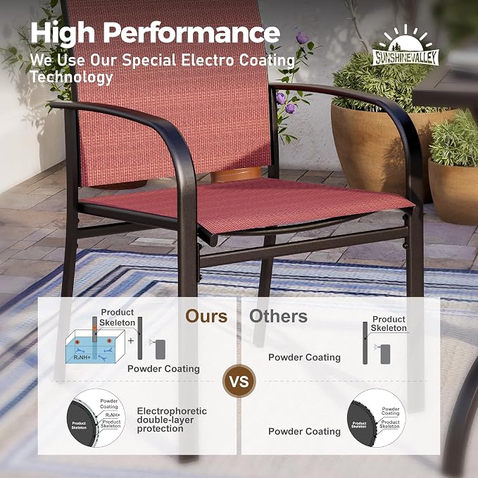 SUNSHINE VALLEY 7 Pcs Patio Dining Set for 6, Rectangular Metal Dining Table (PVC Table Top) with Umbrella Hole and 6 Chairs, Outdoor Dining Set for Lawn Garden Deck, Red