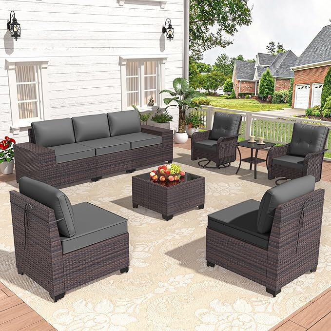 Patio Furniture Set 9 Pieces Outdoor Swivel Rocking Chairs Sofa Set,PE Rattan Wicker Patio Conversation Set with Thickened Cushions and Glass Coffee Table,Grey
