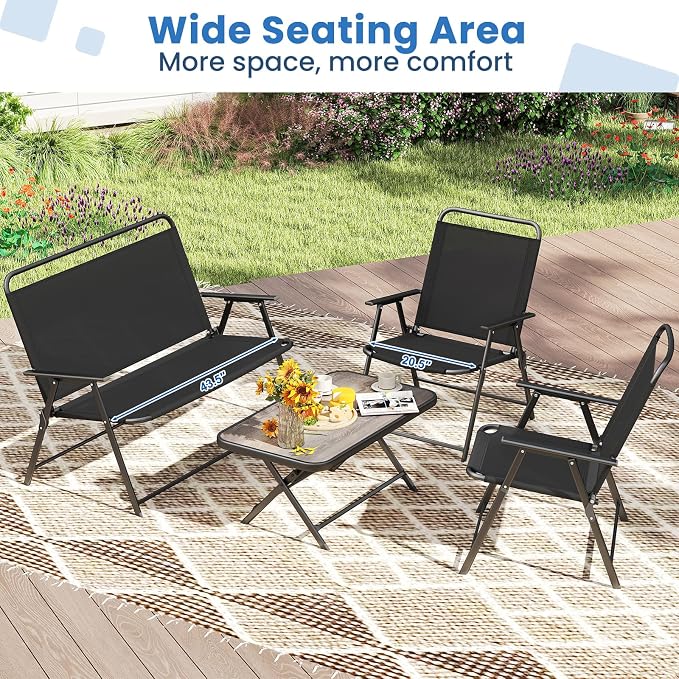 HAPPYGRILL 4 Pieces Folding Patio Conversation Set, Outdoor Furniture Set with SPC Coffee Table, Loveseat and Patio Chairs, Patio Bistro Sectional Set with Metal Frame for Garden, Deck and Backyard