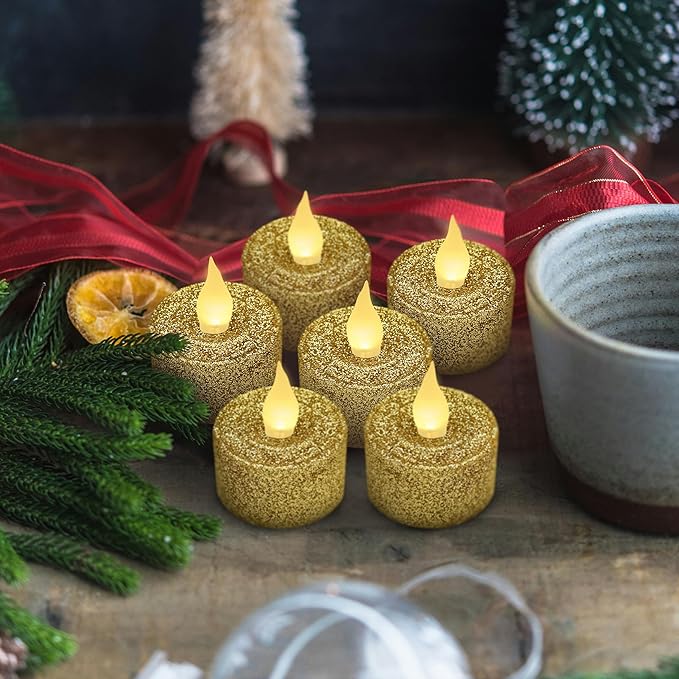 FURORA LIGHTING Gold Glitter LED Tealight Candles Pack of 12, Flameless Flickering Tealight Candles for Home Décor, 1.5’’(W) x 1.65’’(H), Battery Operated