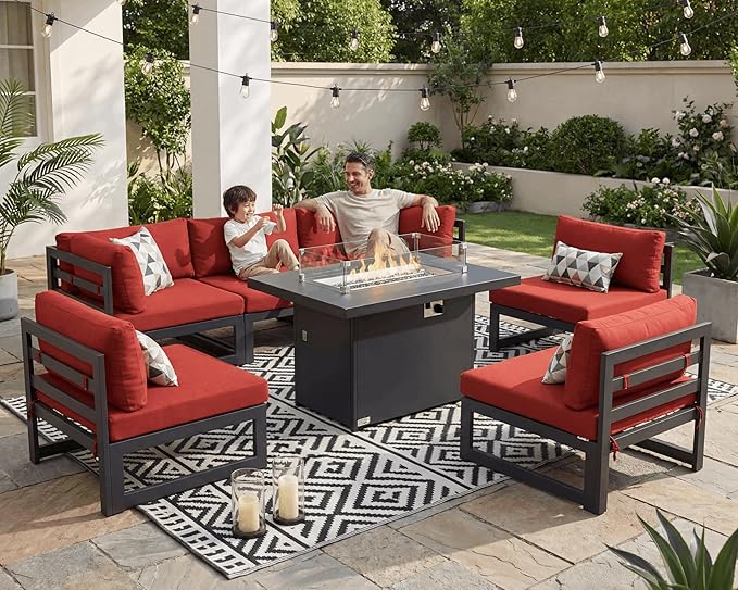 NICESOUL 6 Person Oversized Modular Aluminum Outdoor Furniture Set with Fire Pit Table, 29" Deep Wide Sectional Seating, 500 lbs High Weight Capacity Patio Conversation Set for Garden Deck, Burgundy