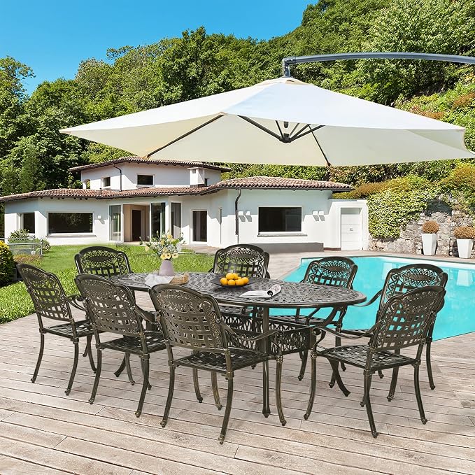 9-Piece Patio Dining Set, Outdoor Patio Table and Chair Set of 84” Oval Cast Aluminum Dining Table with Umbrella Hole and 8 Outdoor Dining Chairs, Patio Funiture Set for Lawn Garden