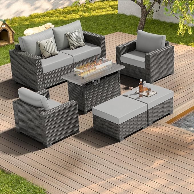 ABCASA Patio Furniture Set with Fire Pit Table, 44'' 60,000 BTU Flame Comfortable 7 Pieces Wicker Rattan Outdoor Furniture Set w/Soft Cushion, Patio Conversation Sets for Porch,Deck,Poolside,Grey