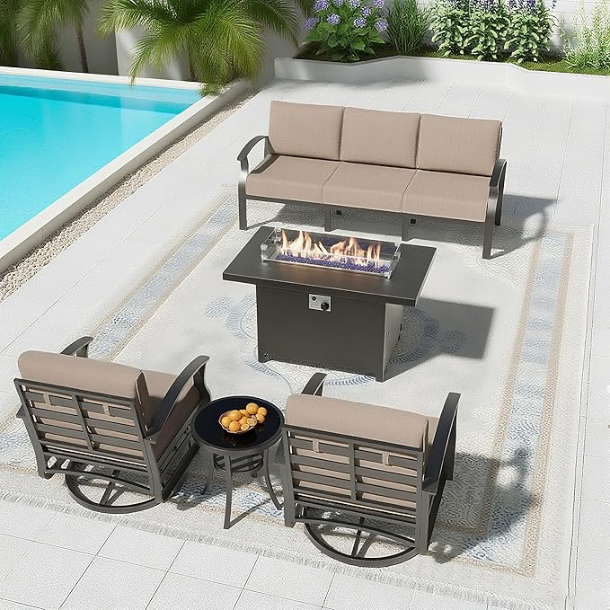Aluminum Patio Furniture Set with 55,000 BTU Propane Fire Pit Table,5 Seats Metal Modern Outdoor Furniture w/5.1" Cushions,Patio Sectional w/Swivel Chairs for Backyard,Patio,Sand