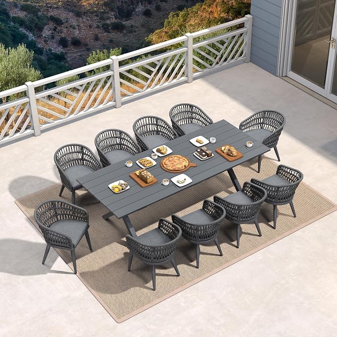 PURPLE LEAF 11 Pieces Outdoor Dining Set All-Weather PE Rattan Outdoor Patio Furniture Set with All Aluminum Frame Rectangular Table and Chairs Set for Lawn Garden Backyard Deck, Grey