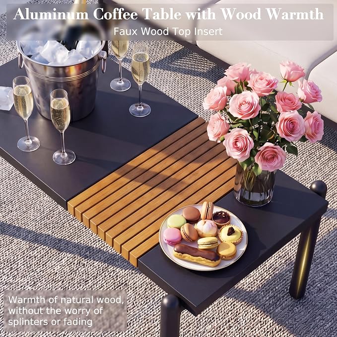 Aluminum Patio Furniture Set, 7 Seats Outdoor Patio Furniture with Coffee Table, Outdoor Wicker Conversation Sets with Cushion for Backyard, Balcony,Porch,Light Grey