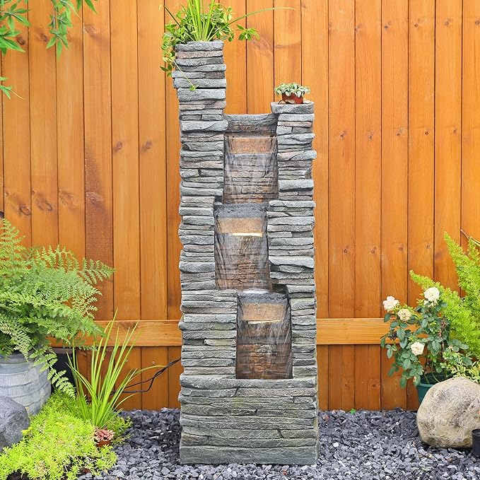 Bumilgar 47 in High Water Fountain Outdoor Garden 3 Tier Cascading Large Outdoor Fountains and Waterfalls with LED Lights for Garden, Patio, Backyard, Deck, Porch and Home Art Decor, Natural Stones