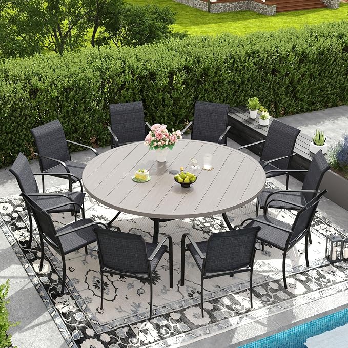 DIFY Patio Dining Set for 10, 11 Piece Outdoor Table and Chairs Set, 63" Grey Wood-Like Round Metal Patio Dining Table and Grey Textilene Stackable Patio Chairs, for Backyard Garden Poolside