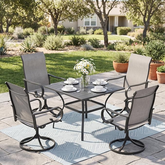 5 Pieces Patio Dining Set, 4 Outdoor Swivel Dining Chairs with 37.8" Square Metal Outdoor Dining Table with Umbrella Hole for Garden Backyard Deck, Grey & Dark Grey