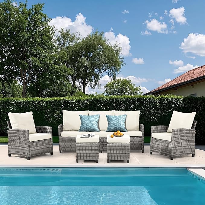 FHFO 5 Pieces Outdoor Patio Furniture Set, Wicker Sectional Sofa Patio Conversation Set Couch with Ottomans Rattan Chair and Table for Garden, Yard,Grey-Beige