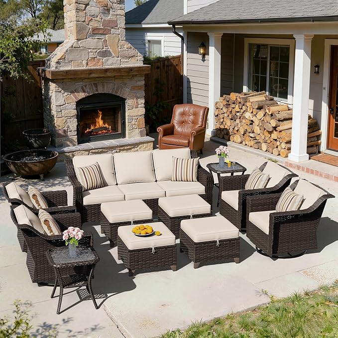 11 Pieces Patio Conversation Furniture Set - 1 Sofa, 4 Ottomans, 4 Swivel Chairs, 2 Side Tables, Outdoor Wicker Furniture with Removable Cushions for Porch, Balcony, Sunroom (Beige)