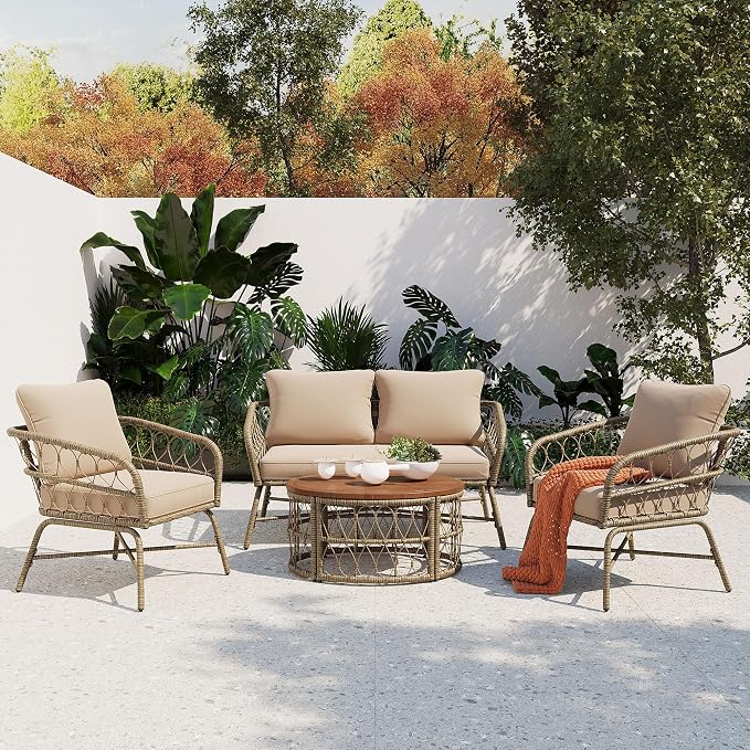 Merax 4-Piece Bohemian Patio Furniture Set, Outdoor Wicker Conversation Set with Single & Loveseat Chairs, Removable Cushions, Wood Tabletop Coffee Table for Garden, Backyard, Balcony, Porch, Poolside