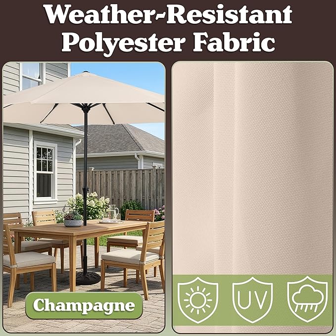 9FT Round Patio Umbrella with 19lb Weighted Base - Easy Crank, Vented Canopy Outdoor Umbrella for Shade - For Deck, Balcony, Porch, Backyard, or Pool by Pure Garden (Champagne)