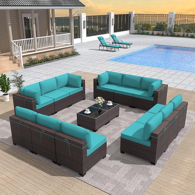 ALAULM 14 Pieces Patio Furniture Set Wicker Patio Conversation Set, Outdoor Sectional Furniture w/Coffee Table & Washable Seat Cushions-Blue