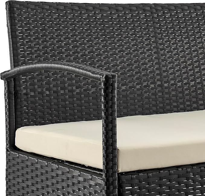 Manhattan Comfort Noli 4-Piece Patio Conversation Set, Outdoor Furniture Made of Steel Rattan | Includes 2 Modern Armchairs, Loveseat, Tempered Glass Coffee Table, Removable Waterproof Cushions, Cream