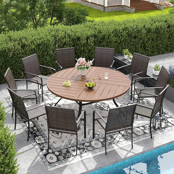 DIFY 11 Piece Outdoor Dining Set for 10, 59.8" Walnut Round Metal Dining Table with Umbrella Hole and Stackable Wicker Patio Chairs, All-Weather Patio Table and Chairs Set for Deck Garden Backyard