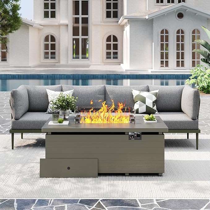 Metal Patio Furniture Set, 5 Pieces Outdoor Sectional Couch Sets with Fire Pit Table, 6" Thick Cushion Outdoor Conversation Set for Deck, Patio & Courtyard (Gray/Green)