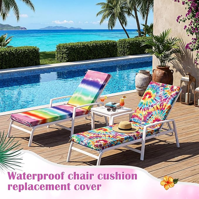 2 Pack Chaise Lounge Cushion Covers Outdoor (Not Includes Cushions) Waterproof Chair Cushion Replacement Covers 72 x 21 x 3 Inch for Patio Pool Lawn Slipcover with Ties(Tie-dye)
