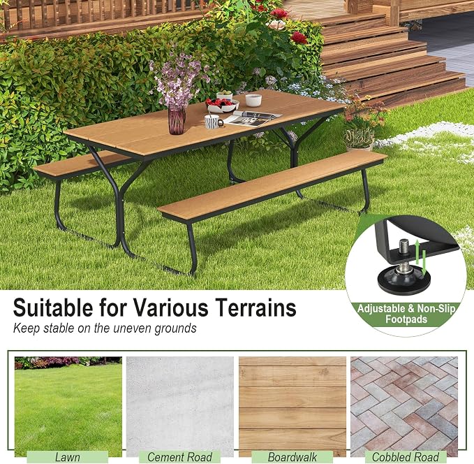 Tangkula 6 Ft HDPE Picnic Table, Plastic Picnic Table with 2 Benches, Umbrella Hole, Heavy-Duty Metal Frame, 8 Adjustable Foot Pads, 6-8 Person Outside Table Bench Set, 2550 lbs Capacity